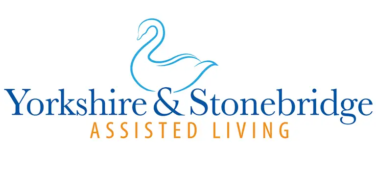 Logo for Yorkshire & Stonebridge Manors Assisted Living, featuring a blue outline of a swan above the company name and the words "Assisted Living" in orange below.