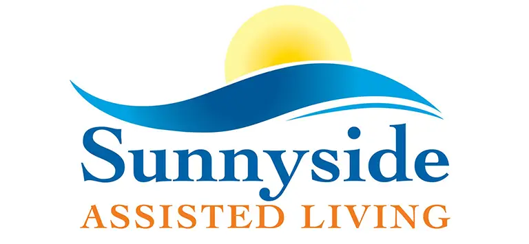 Logo for Sunnyside Assisted Living featuring a blue wave, a yellow sun, and the text "Sunnyside Assisted Living" with "Assisted Living" in orange, symbolizing warm and welcoming senior care.