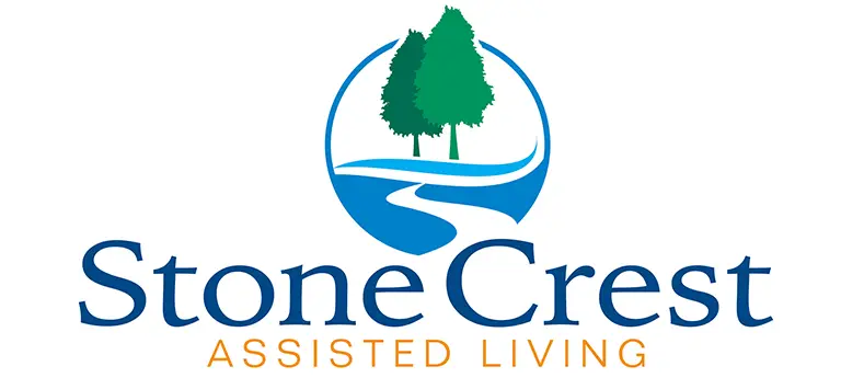 Logo for Stone Crest Assisted Living features two green trees within a blue circle above the company name, with "Stone Crest Assisted Living" in bold and "ASSISTED LIVING" written in orange letters below.