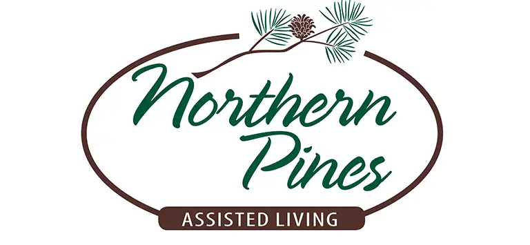 Logo for Northern Pines Assisted Living featuring green script text, a brown oval outline, a pine branch with a cone, and a maroon bar reading "Assisted Living," highlighting quality senior care in every detail.