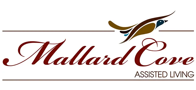 Logo for Mallard Cove Assisted Living, featuring stylized cursive text and an abstract flying bird above the Mallard Cove name.