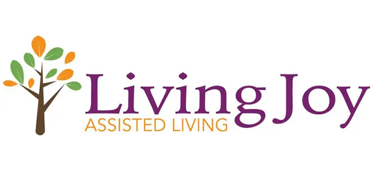 Living Joy Assisted Living logo features a stylized tree on the left, emphasizing compassionate senior care with "Living Joy" in purple and "Assisted Living" in orange.