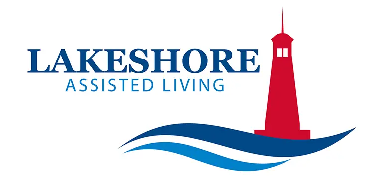 Lakeshore Assisted Living logo featuring a red lighthouse and blue waves, reflecting a welcoming environment dedicated to quality senior care, alongside the text "Lakeshore Assisted Living.
