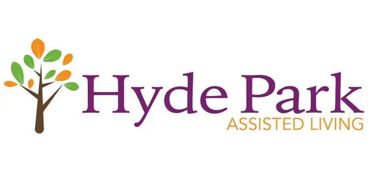 Logo for Hyde Park Assisted Living featuring a stylized tree with multicolored leaves to the left of the Hyde Park Assisted Living text.
