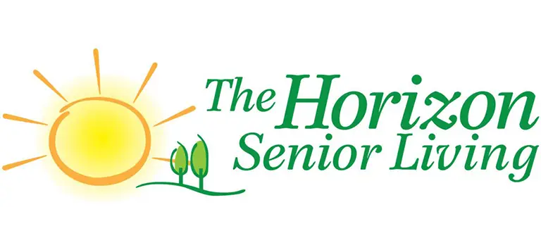 The Horizon Senior Living logo features a yellow sun, two green trees, and the business name in green text on a white background, representing quality Clare assisted living at its finest.