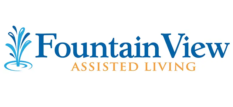 Logo for Fountain View of Coopersville senior living, featuring a blue water fountain graphic on the left and the words "Fountain View" in blue with "ASSISTED LIVING" in orange. Located in Coopersville, MI.