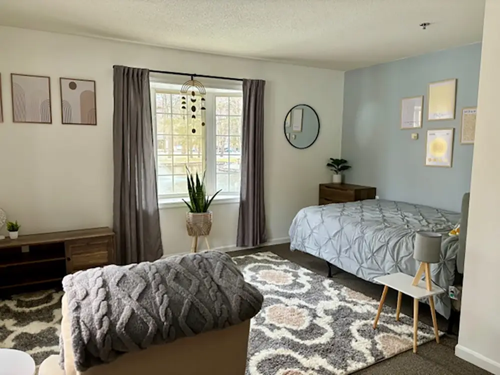 A tidy bedroom with a bed, side table, armchair, TV stand, and potted plant by a window with gray curtains; neutral decor and patterned rug on the floor. A tidy bedroom with a bed, side table, armchair, TV stand, and potted plant by a window with gray curtains; neutral decor and patterned rug on the floor.