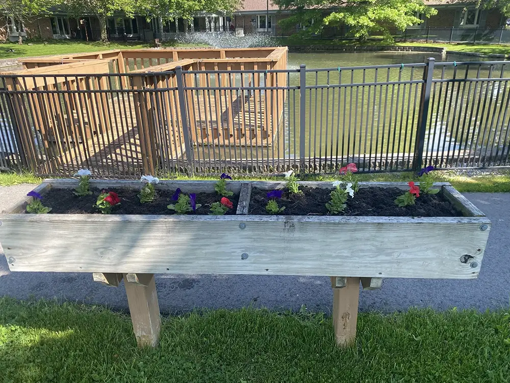 Wooden planter box with newly planted flowers sits on grass near a paved path, with a pond, dock, and fenced area in the background. Wooden planter box with newly planted flowers sits on grass near a paved path, with a pond, dock, and fenced area in the background.