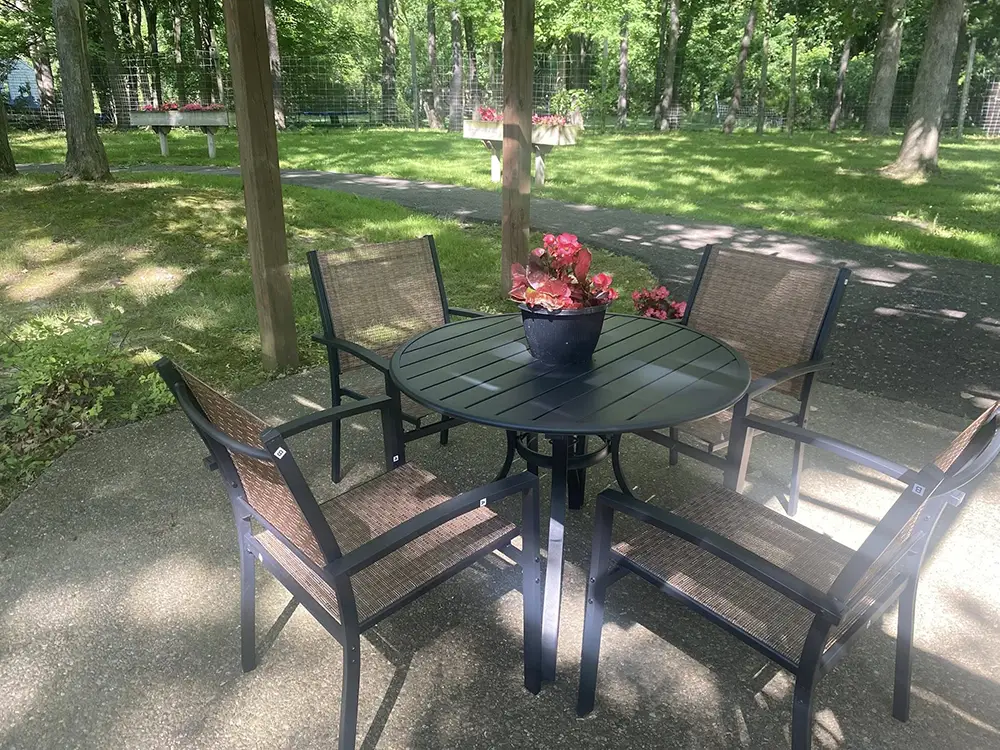 A round black patio table with four chairs and a potted plant centerpiece sits on a paved area under a pergola in a shaded, grassy park. A round black patio table with four chairs and a potted plant centerpiece sits on a paved area under a pergola in a shaded, grassy park.