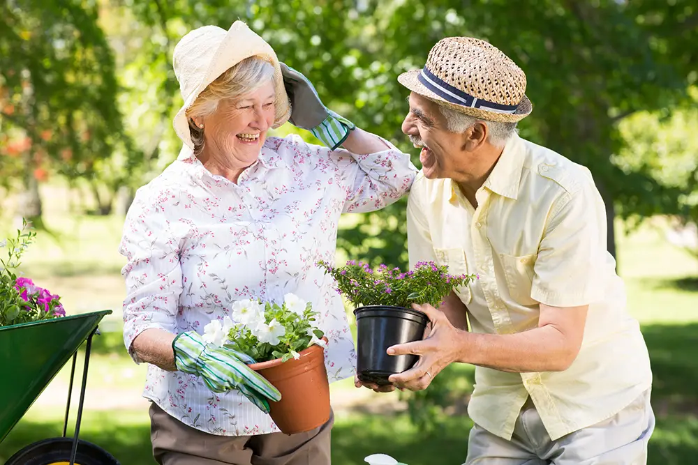 Two elderly people wearing hats and gardening gloves smile while holding potted plants outdoors in a garden.