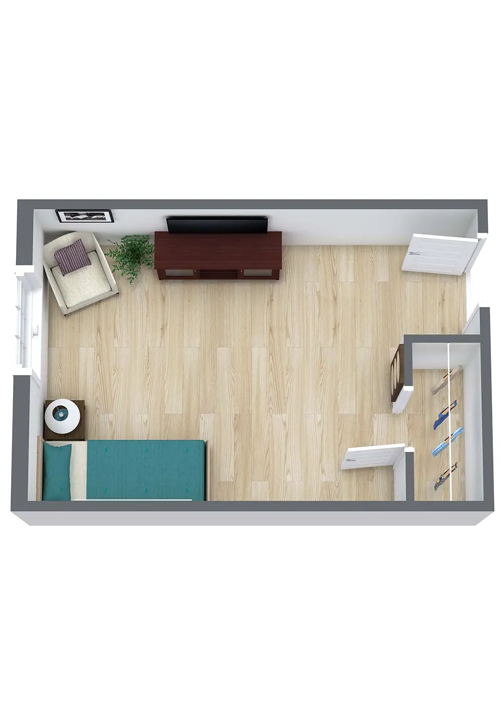 Top-down view of a simple bedroom with a bed, armchair, TV stand, TV, small plant, and open closet. Light wood floor and two doors are visible.