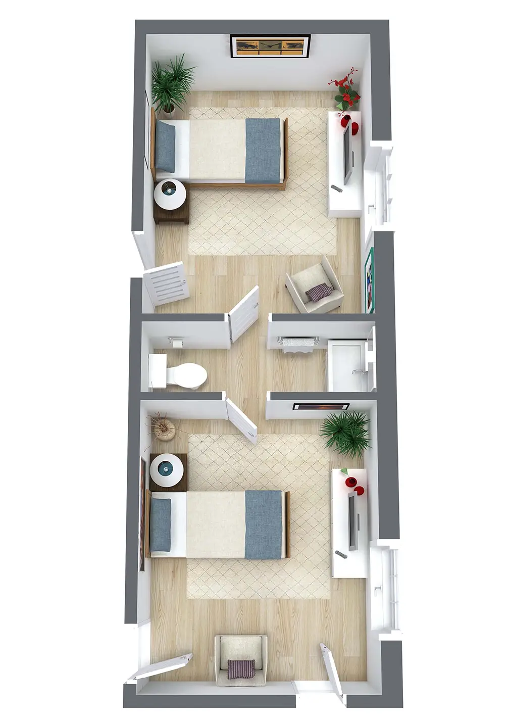 3D floor plan of a two-bedroom apartment with identical bedrooms, shared bathroom, desks, beds, armchairs, plants, and windows providing natural light.
