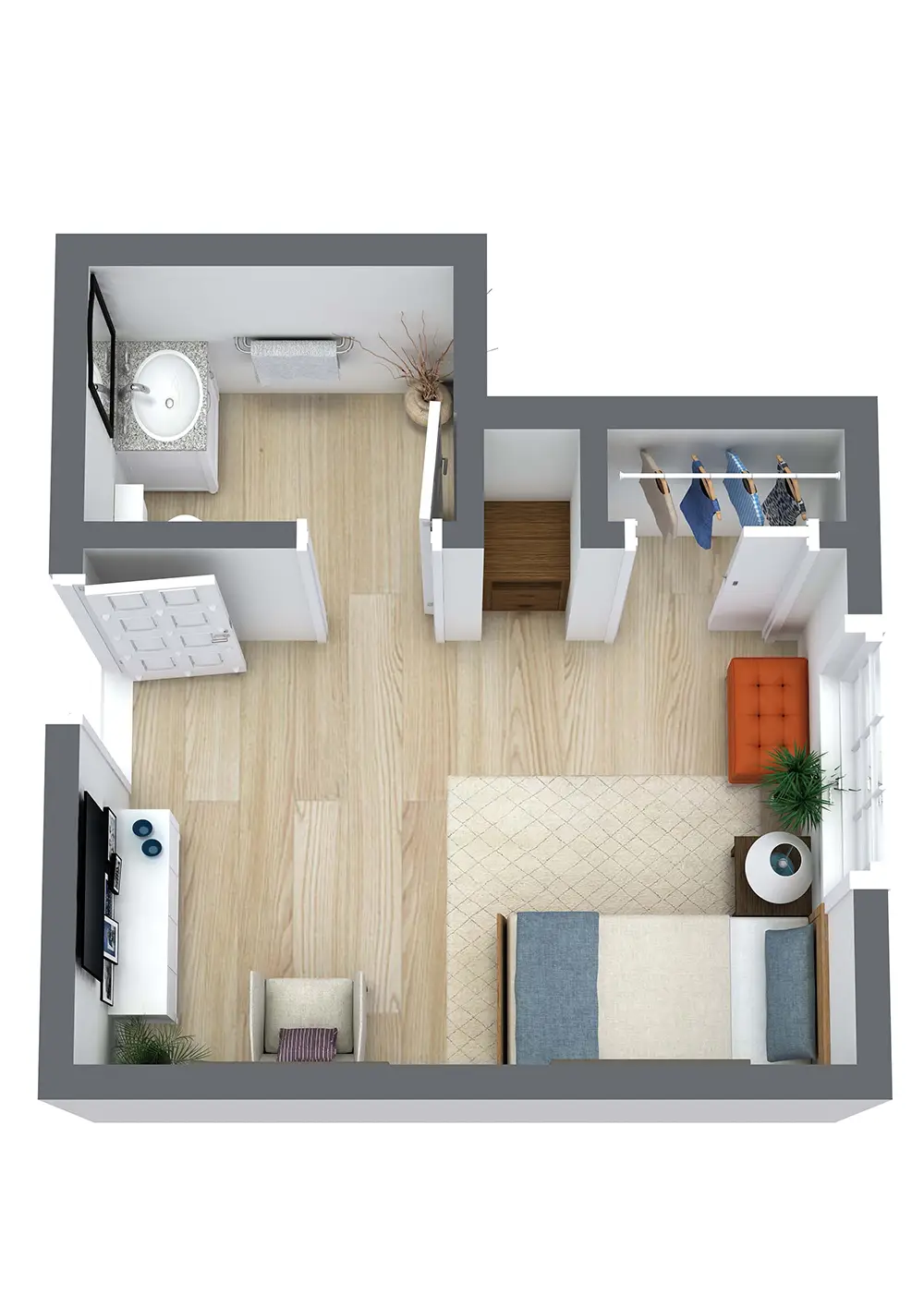 3D floor plan of a small apartment with a bedroom, bathroom, wardrobe, TV area, chair, bed, ottoman, and shelving, all shown from a top-down perspective.