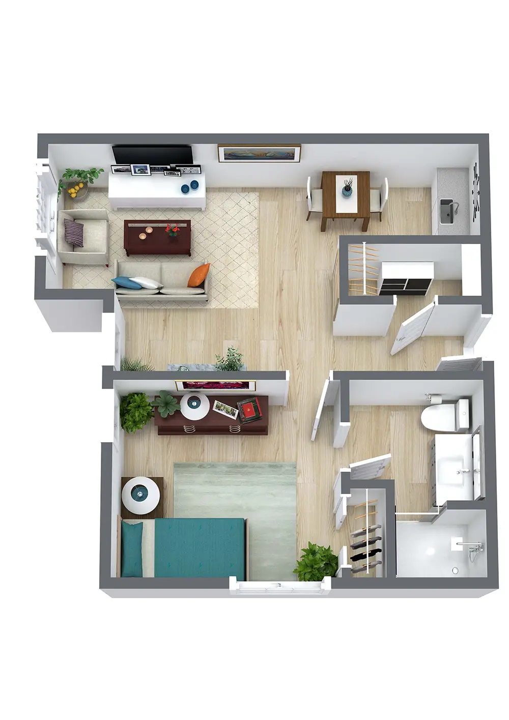 3D floor plan of a one-bedroom apartment featuring a living room, dining area, kitchen, bathroom, and bedroom with modern furnishings and wood flooring.