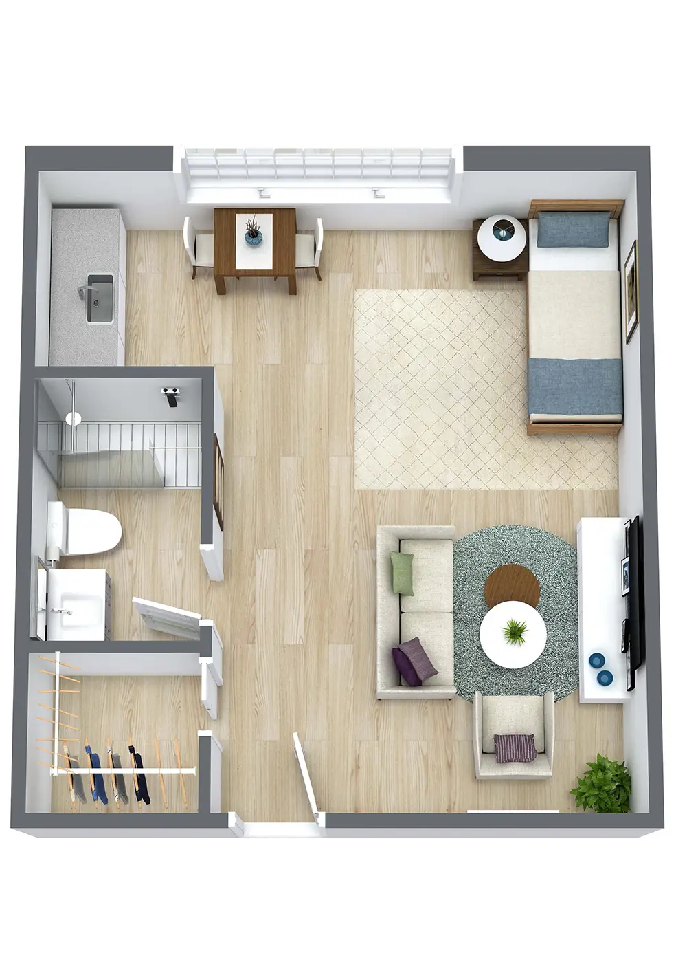 3D floor plan of a studio apartment showing a bed, sofa, TV, dining table, kitchenette, bathroom, closet, and entryway, all arranged on light wood flooring.