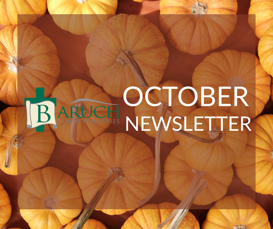 Baruch Ministries October Newsletter cover features an autumn theme with small orange pumpkins in the background.