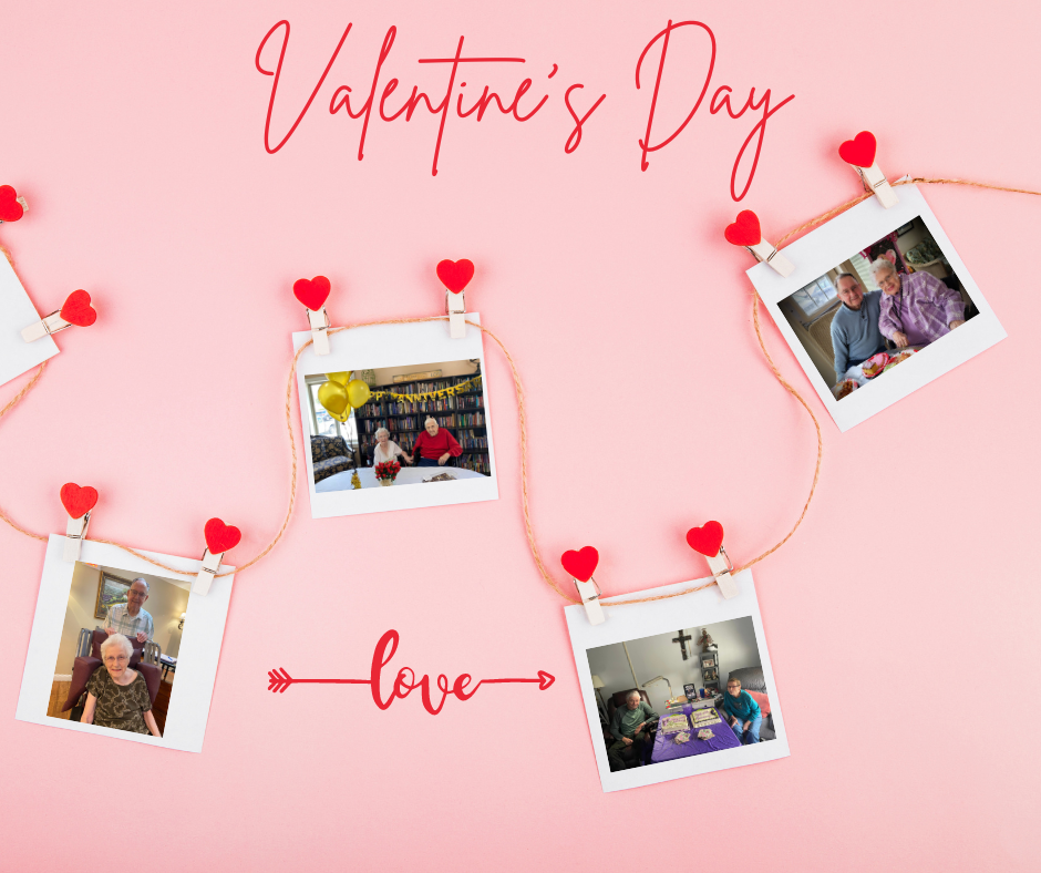 A pink background with "Valentine's Day" text, four polaroid photos of seniors, and heart decorations hung on a string; "love" written below with an arrow—perfect for sharing resident advice or relationship tips.