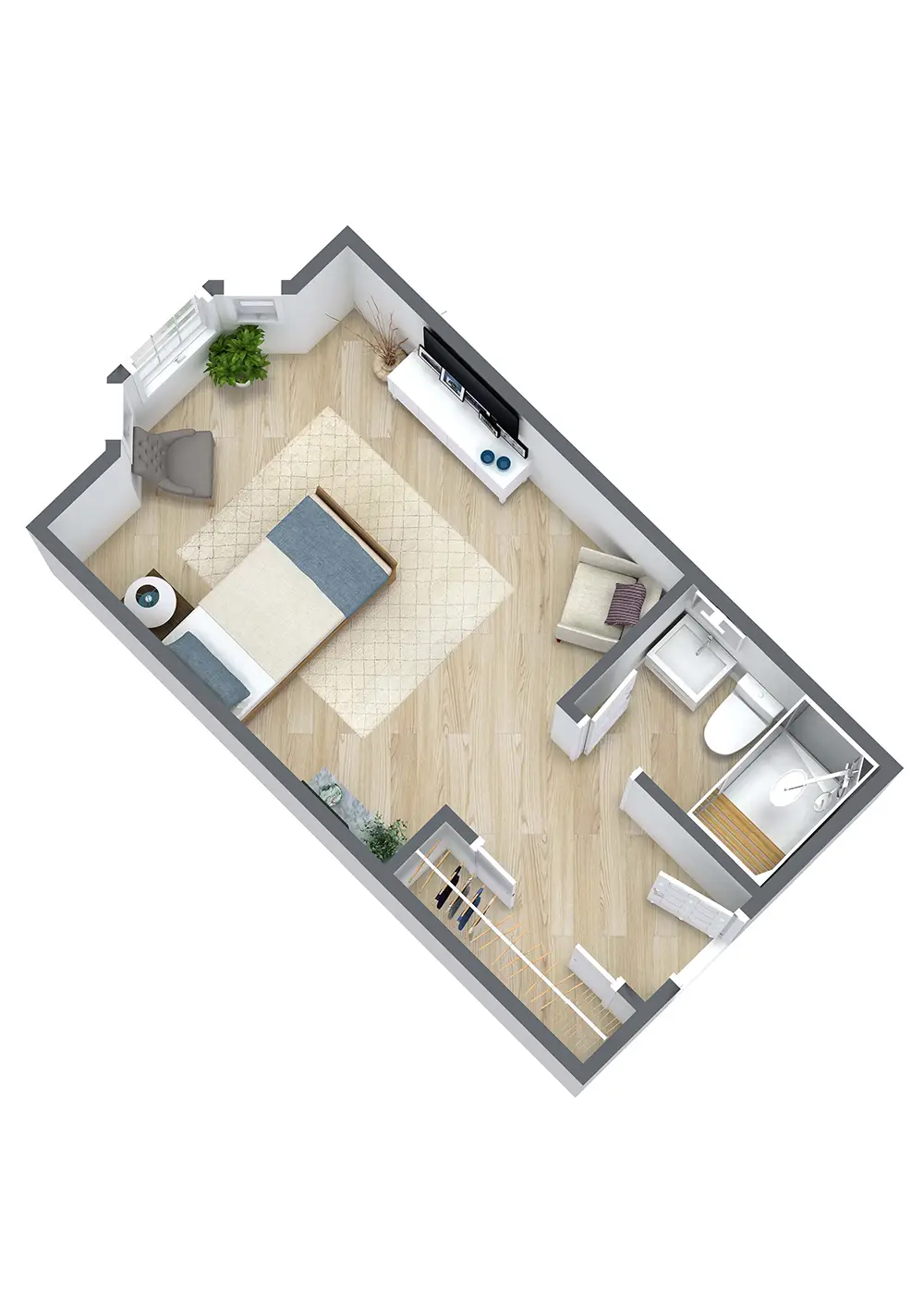 3D floor plan of a compact studio apartment with a bed, TV, armchair, rug, and a small bathroom with a shower, toilet, and sink. Wood flooring throughout the living area.