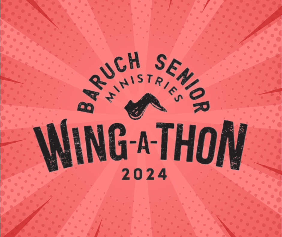 Baruch Senior Ministries Wing-A-Thon Fundraiser 2024 event logo on a red background with a wing illustration and radial burst design, celebrating this exciting wing event.