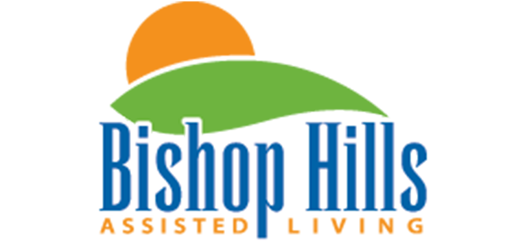 Logo for Bishop Hills Assisted Living featuring a green hill, an orange sun, and blue and orange text to represent the warmth and care found at Bishop Hills.