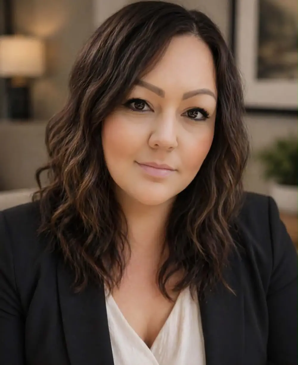 A woman with wavy brown hair wearing a black blazer and white top sits indoors, looking at the camera.