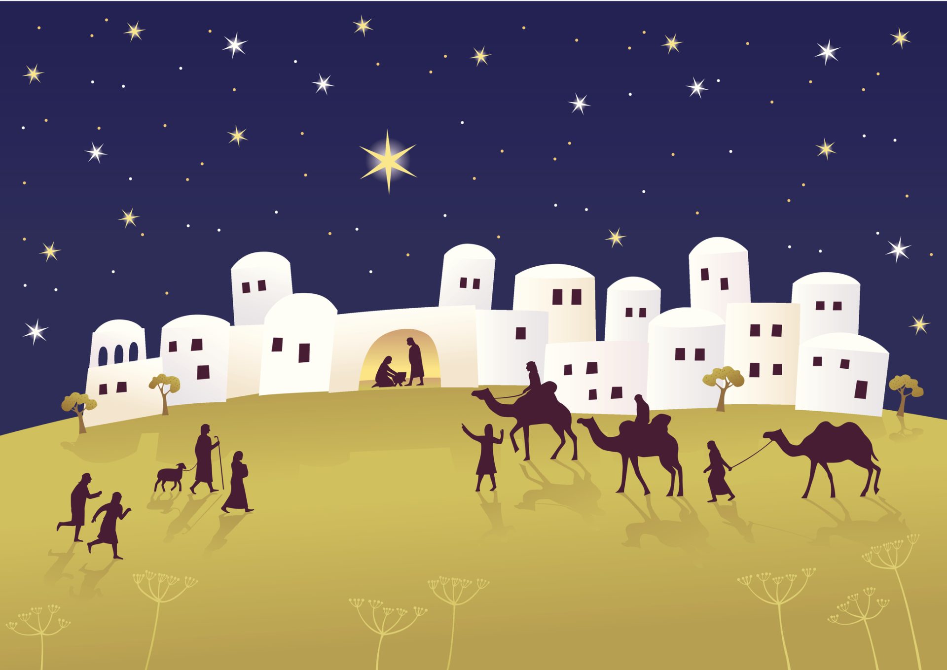 Silhouettes of people and camels approach a white-walled town under a starry night sky, one bright star shining above, evoking a nativity scene and the message of "God With Us" for December Spiritual Care.