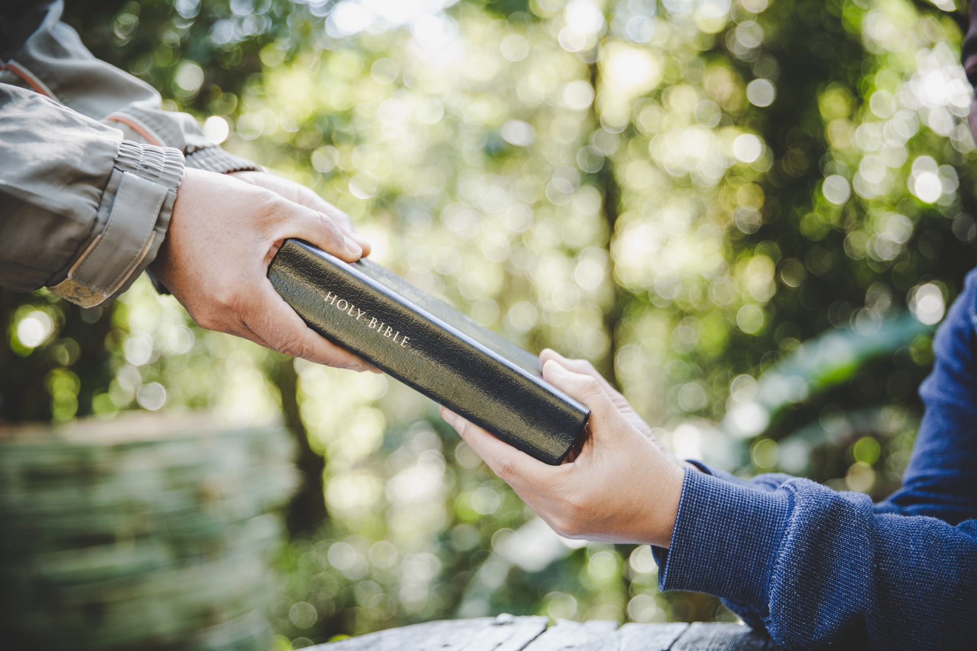 One person hands a closed Holy Bible to another outdoors, with trees and sunlight in the background, symbolizing spiritual care and the reassurance that the Lord watches over you.